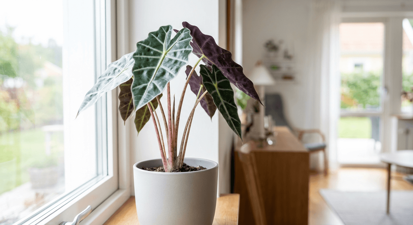 Alocasia 'Pink Dragon' – rosa stjälkar, svarta blad