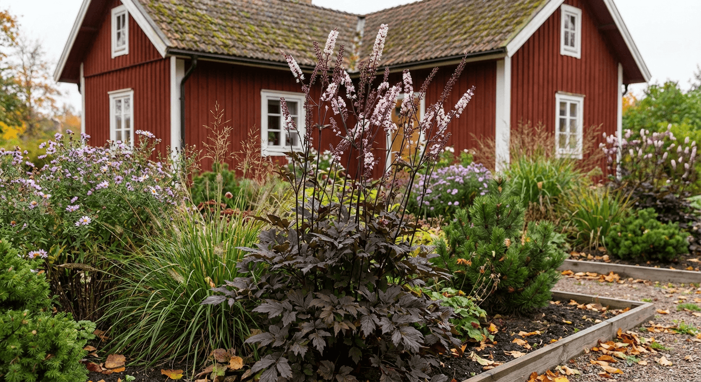 Höstsilverax 'Brunette' – mörkt bladverk och höstblommor