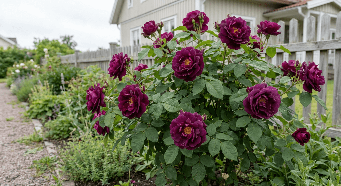 Gallicaros 'Tuscany Superb' – djupt purpurröda blommor
