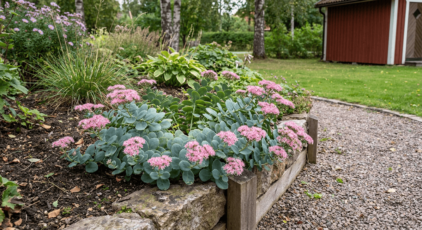 Mongoliskt fetblad – rosa blommor i stenparti