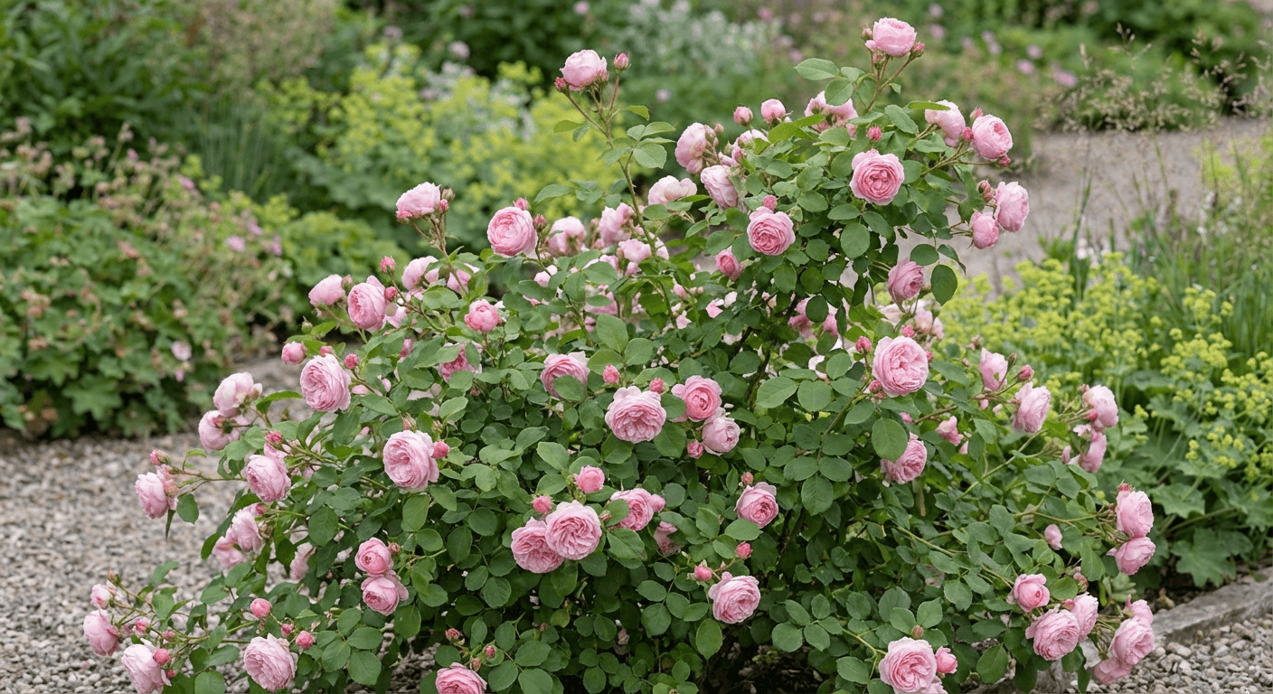 Klätterros 'Raubritter' – rosa blommor juni–augusti