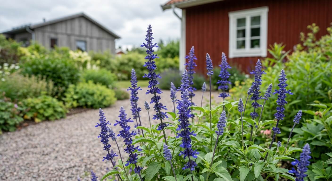Daggsalvia 'Blue Bedder' – blå blomspiror för sol