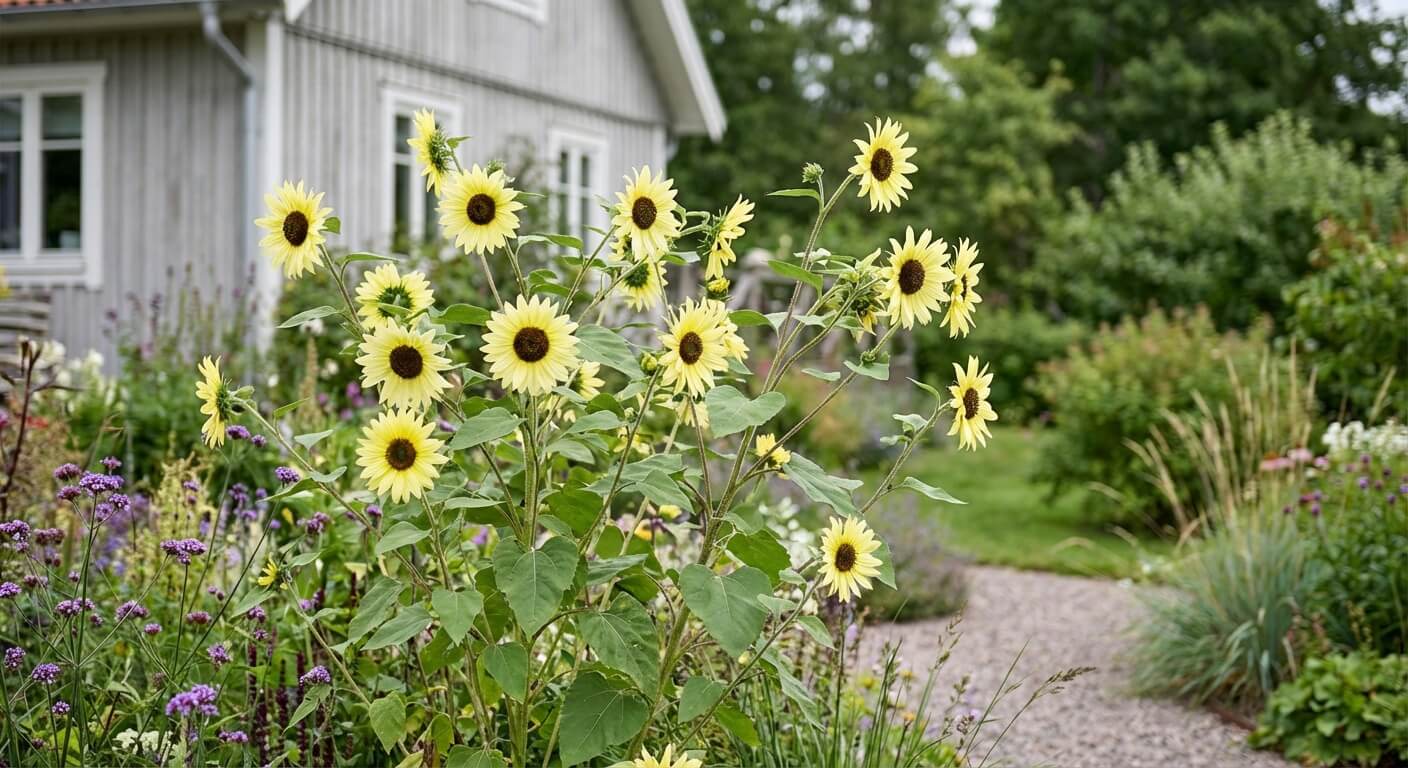 Solros 'Lemon Queen' – citrongula blommor på höga stjälkar i sensommar