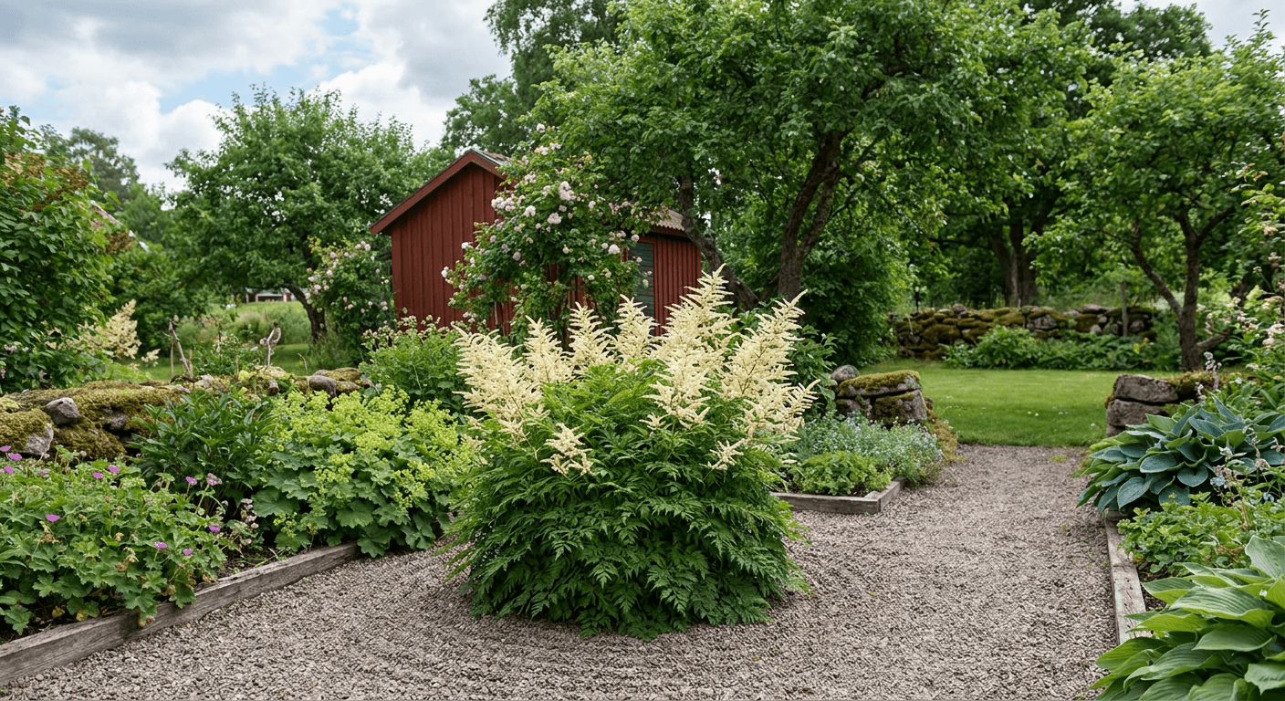 Koreansk plymspirea 'Mölnlycke' – vit blomning i skugga