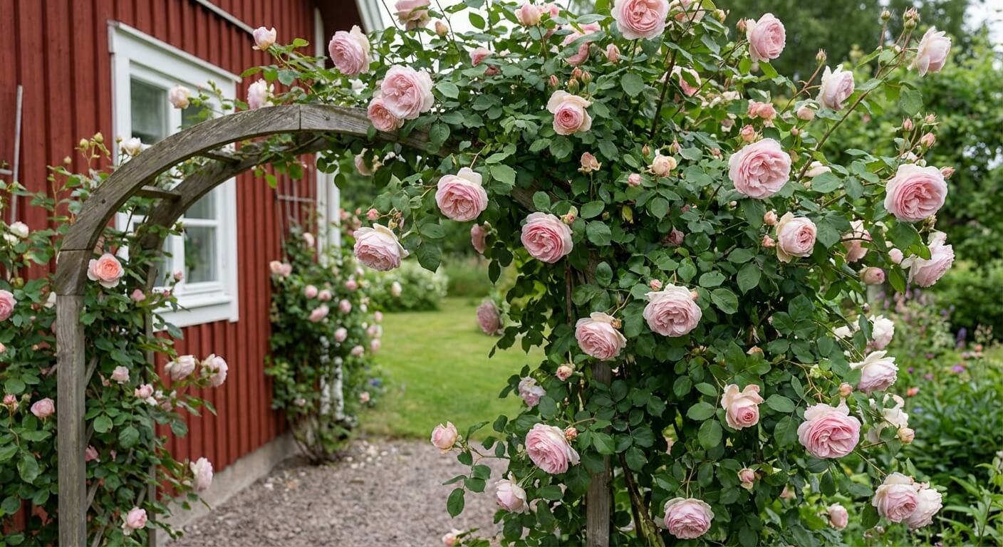 Ros 'Constance Spry' – klätterros med stora, rosa blommor