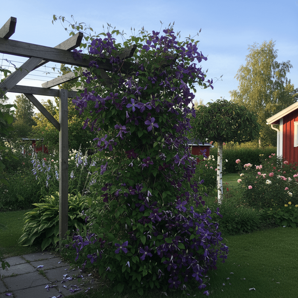 Klematis 'Jackmanii' – djuplila blomster på årsskott