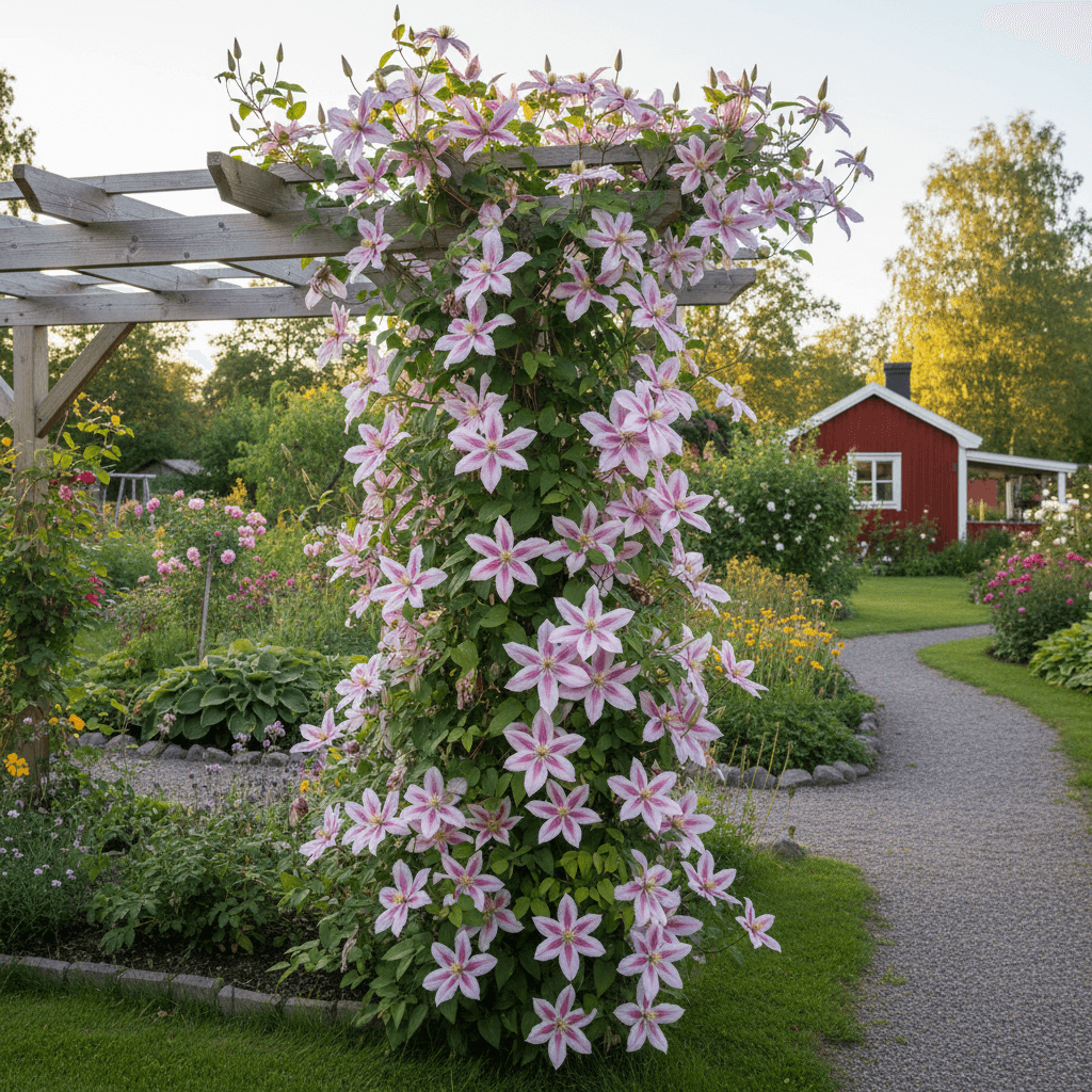 Klematis 'Nelly Moser' – två blomningar per säsong
