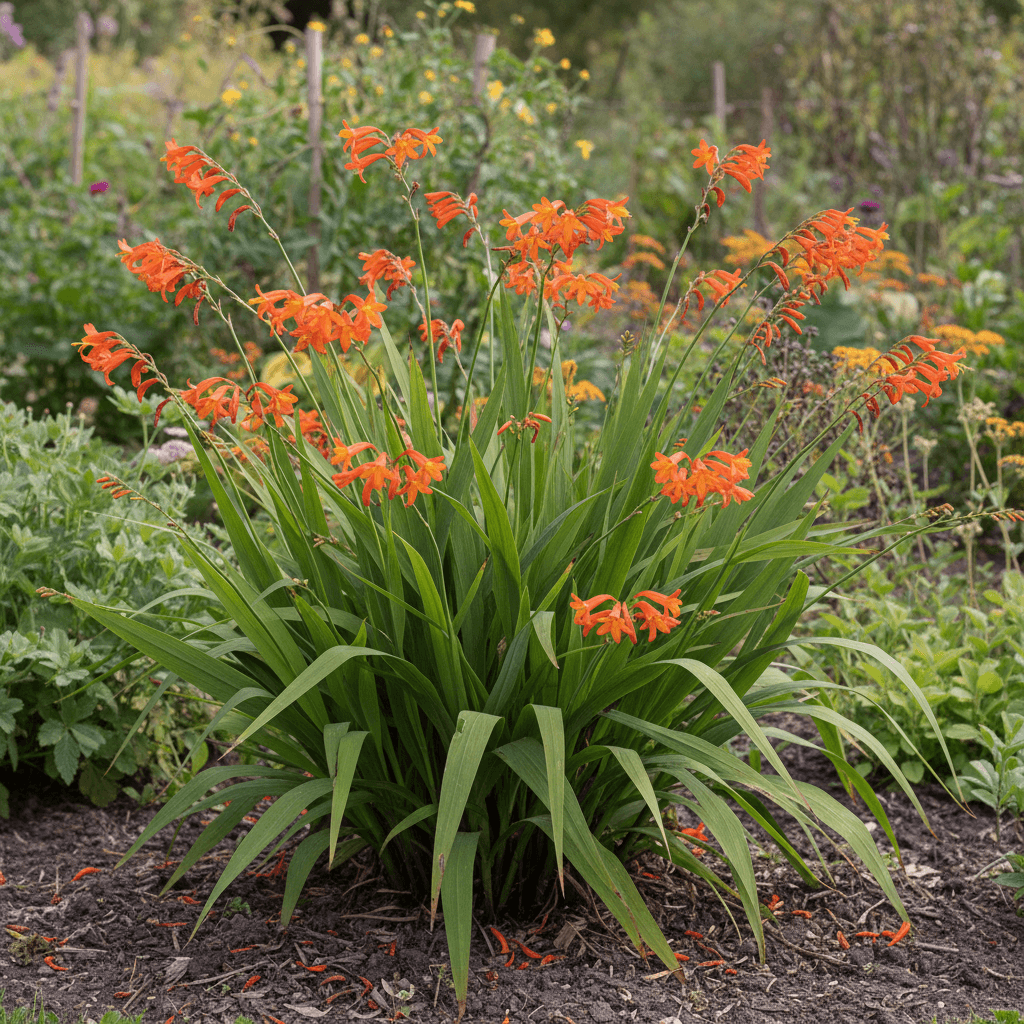 Montbretia – orange trumpetblommor juli–september