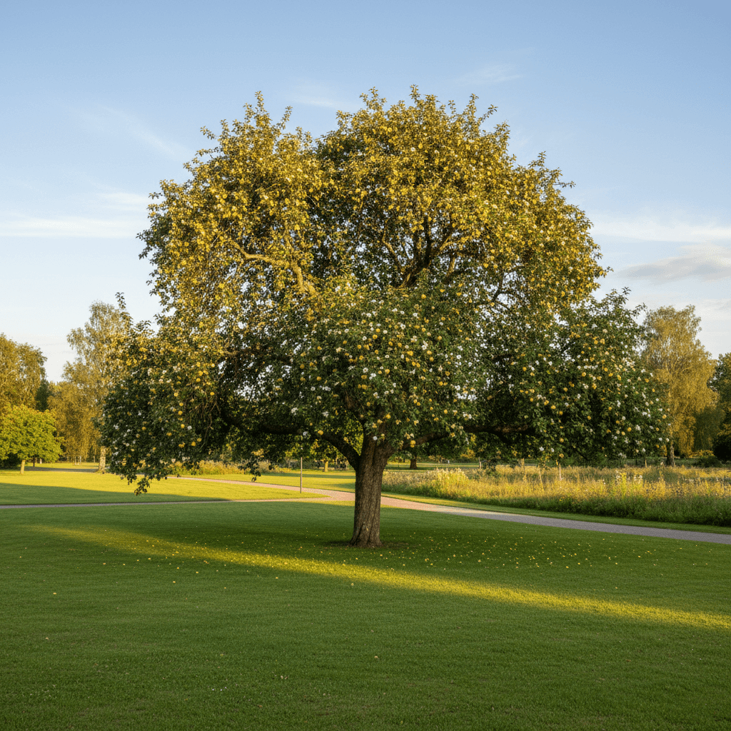 Prydnadsapel 'Evereste' – vit blomning och röda vinterfrukt