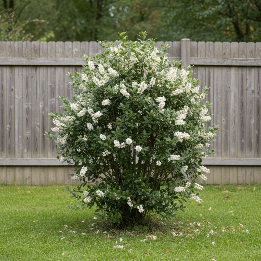 Lagerhägg – vintergrön buske med vita blomklasar