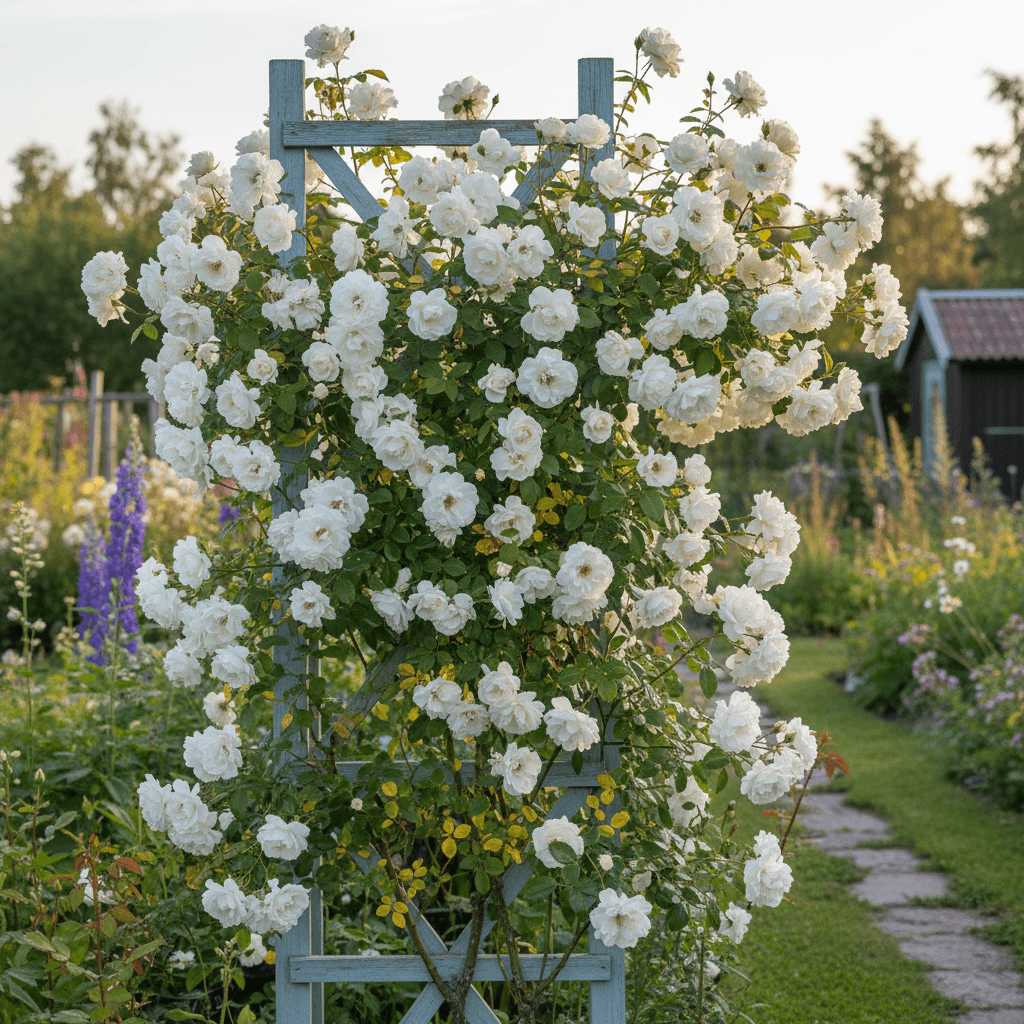 Ros 'Iceberg' – vit floribunda för hela sommaren