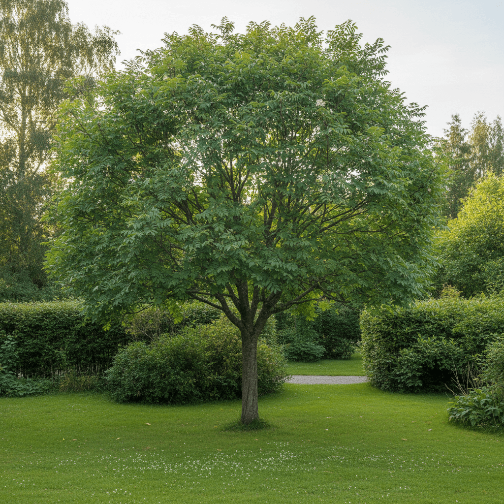 Rönn – vita blomklasar och orangeröda höstbär