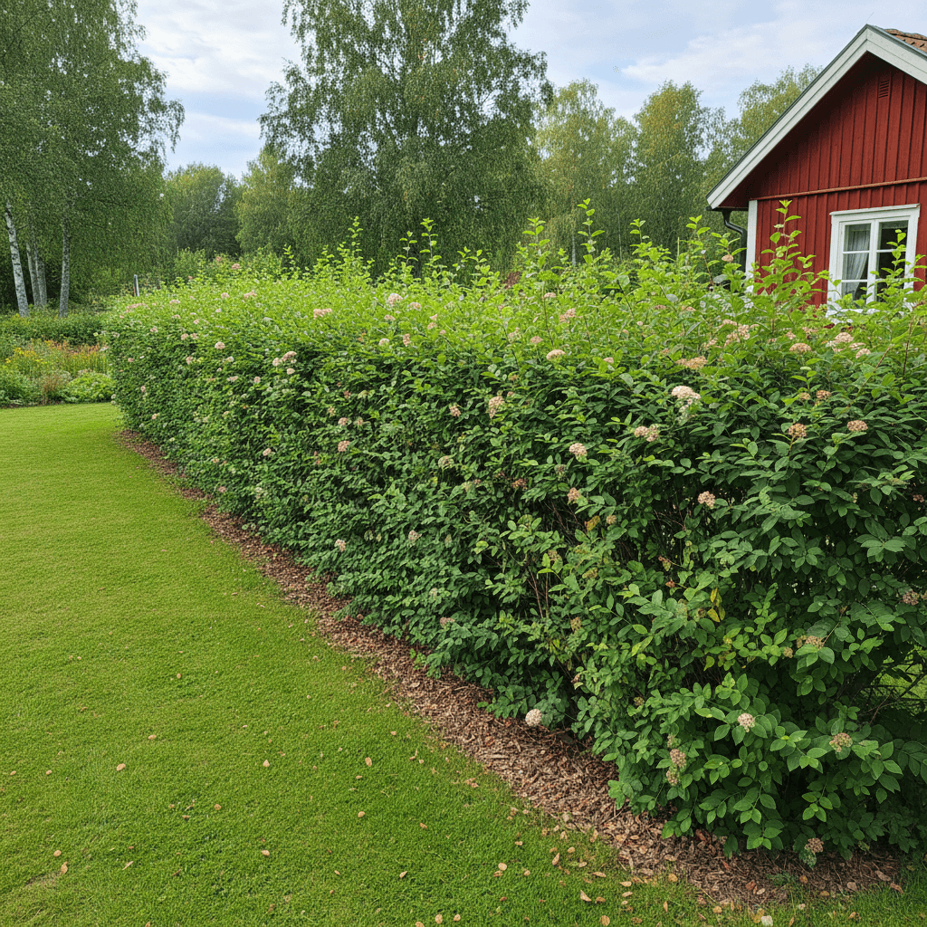 Koreansk spirea – vita blomklasar i maj–juni