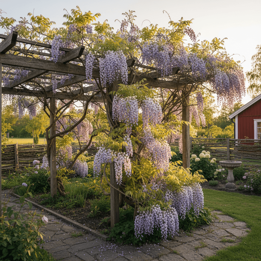 Japansk blåregn – blomklasar på pergola